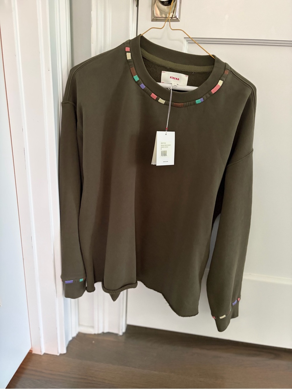 XiRENA Olive Green Crewneck Sweatshirt with Multicolor Trim